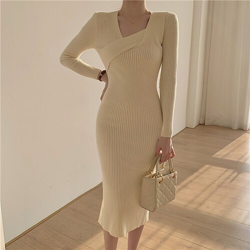 Women's Sweater Dress Winter Dress Sheath Dress Brown Beige Gray Black Long Sleeve Pure Color Knit Winter Fall V Neck Stylish Elegant 2022 One-Size Winter Dress
Women's Sweater Dress Winter Dress Sheath Dress Brown Beige Gray Black Long Sleeve Pure Color Knit Winter Fall V Neck Stylish Elegant 2022 One-Size Winter Dress