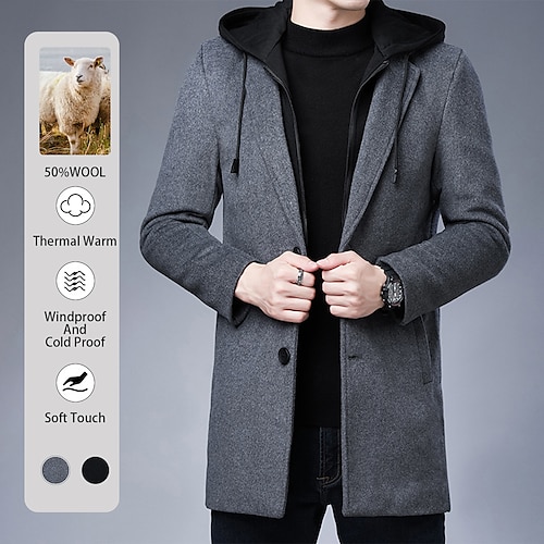 

Men's Winter Coat Wool Coat Overcoat Going out Casual Daily Fall & Winter Woolen Warm Outerwear Clothing Apparel Warm Ups Modern Contemporary Solid Color Pocket Hooded Single Breasted