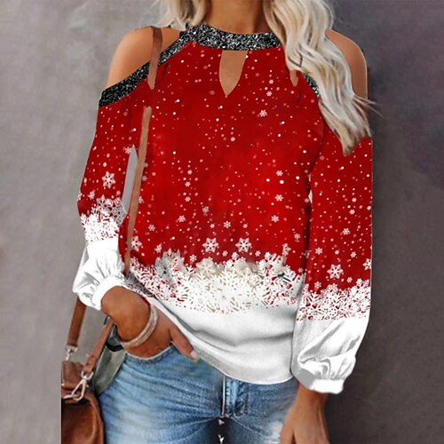 Women's Shirt Green Black Blue Snowflake Cut Out Print Long Sleeve Christmas Casual Streetwear Christmas Round Neck Regular Lantern Sleeve S
Women's Shirt Green Black Blue Snowflake Cut Out Print Long Sleeve Christmas Casual Streetwear Christmas Round Neck Regular Lantern Sleeve S
