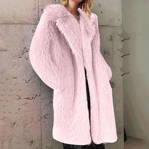 

Women's Faux Fur Coat Warm Breathable Street Holiday Vacation Going out Pocket Faux Fur Trim Open Front Turndown OL Style Elegant Modern Solid Color Regular Fit Outerwear Long Sleeve Winter Fall