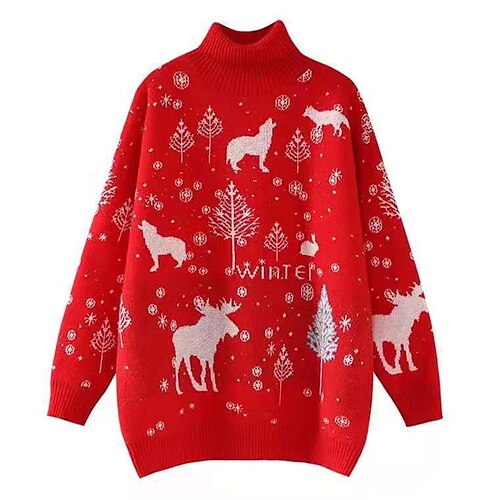 

Women's Ugly Christmas Sweater Pullover Sweater Jumper Ribbed Knit Knitted Elk Turtleneck Stylish Casual Outdoor Christmas Winter Fall Red Navy Blue One-Size / Long Sleeve / Weekend / Holiday