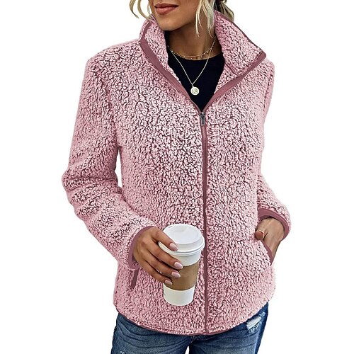 

Women's Zip Up Sweatshirt Fleece Jacket Fleece Solid Color Vintage Teddy Sherpa Fleece Pocket Zip Up Black Pink Navy Blue Street Casual V Neck Long Sleeve Top Micro-elastic Fall Winter