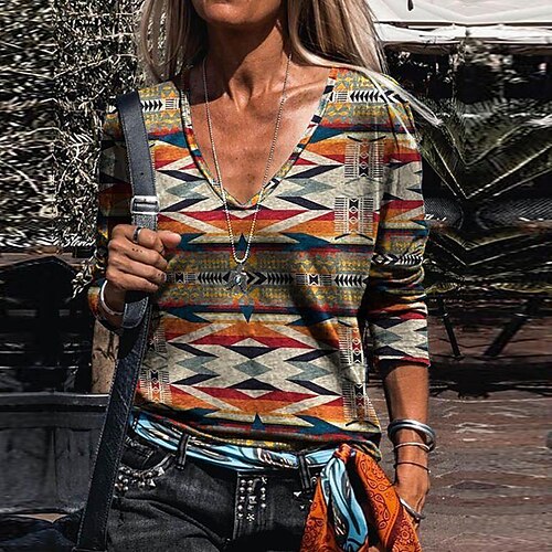 Women's T shirt Tee Blue Brown Graphic Geometric Print Long Sleeve Casual Vintage Ethnic V Neck Regular S
Women's T shirt Tee Blue Brown Graphic Geometric Print Long Sleeve Casual Vintage Ethnic V Neck Regular S