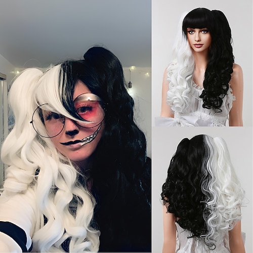 

Cosplay Costume Wig Synthetic Wig Wavy Deep Wave With 2 Ponytails Neat Bang With Ponytail Wig 24 inch Black-white Synthetic Hair 24 inch Women's Fashionable Design Cute Cosplay Black White