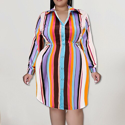 Women's Plus Size Casual Dress Striped Shirt Collar Long Sleeve Fall Winter Casual Knee Length Dress Causal Daily Dress / Shirt Dress
Women's Plus Size Casual Dress Striped Shirt Collar Long Sleeve Fall Winter Casual Knee Length Dress Causal Daily Dress / Shirt Dress