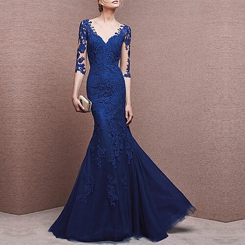 Mermaid / Trumpet Evening Gown Elegant Dress Formal Floor Length Half Sleeve V Neck Tulle with Buttons Appliques 2022
Mermaid / Trumpet Evening Gown Elegant Dress Formal Floor Length Half Sleeve V Neck Tulle with Buttons Appliques 2022
