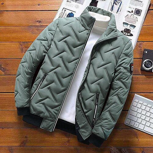 

Men's Puffer Jacket Winter Jacket Quilted Jacket Winter Coat Cardigan Windproof Warm Casual Daily Wear Stripes and Plaid Outerwear Clothing Apparel Casual Daily Trendy Black Light Green Gray