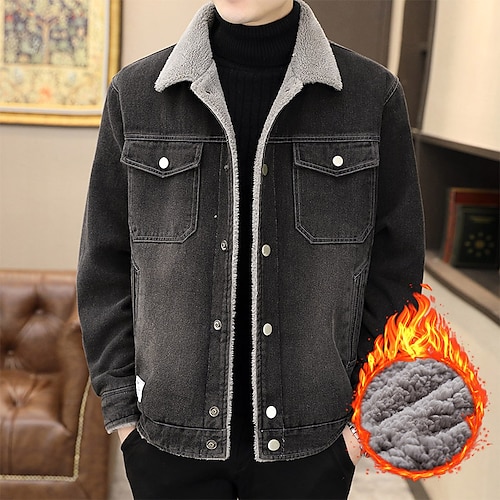 

Men's Sherpa jacket Denim Jacket Jean Jacket Durable Casual / Daily Daily Wear Vacation To-Go Single Breasted Turndown Warm Ups Comfort Leisure Jacket Outerwear Solid / Plain Color Pocket Black Blue