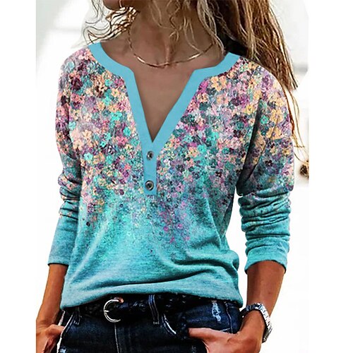 Women's T shirt Tee Blue Floral Button Print Long Sleeve Daily Weekend Basic V Neck Regular Floral Painting S
Women's T shirt Tee Blue Floral Button Print Long Sleeve Daily Weekend Basic V Neck Regular Floral Painting S