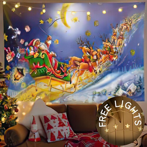 

Christmas Santa Claus Holiday Party Wall Tapestry Photography Backround Art Decor Hanging Bedroom Living Room Decoration Tree Snowman Elk Snowflake Candle Gift Fireplace(with LED String Lights)