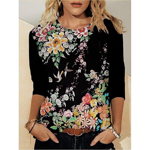 Women's T shirt Tee Black Floral Print Long Sleeve Holiday Weekend Basic Round Neck Regular Floral Painting L
Women's T shirt Tee Black Floral Print Long Sleeve Holiday Weekend Basic Round Neck Regular Floral Painting L