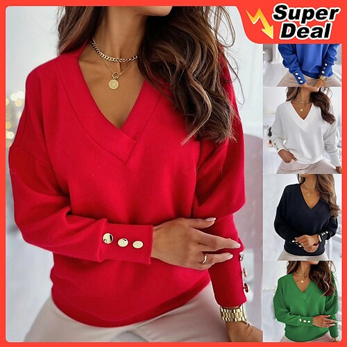 Women's Pullover Sweater Jumper Knitted Button Solid Color Basic Elegant Casual Long Sleeve Regular Fit Sweater Cardigans V Neck Fall Winter Blue Black Red / Going out / Work
Women's Pullover Sweater Jumper Knitted Button Solid Color Basic Elegant Casual Long Sleeve Regular Fit Sweater Cardigans V Neck Fall Winter Blue Black Red / Going out / Work