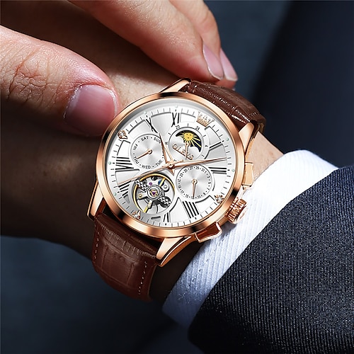 

OLEVS Mechanical Watch for Men Analog Automatic Self-winding Sporty Luminous Business Waterproof Calendar Noctilucent Alloy Genuine Leather Fashion Machine