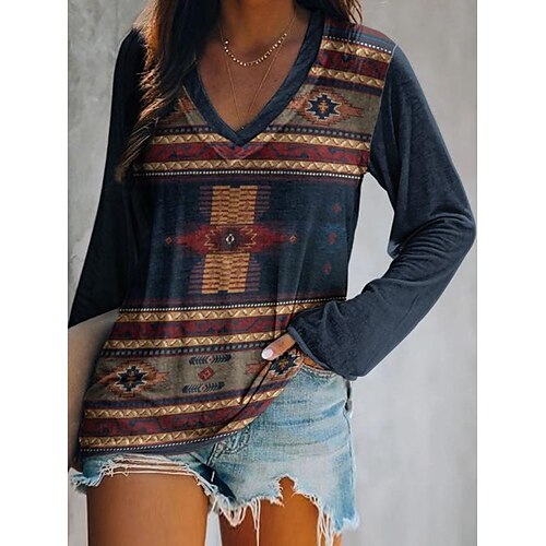Women's T shirt Tee Brown Navy Blue Beige Geometric Feather Print Long Sleeve Daily Weekend Ethnic V Neck Regular Geometric Painting S
Women's T shirt Tee Brown Navy Blue Beige Geometric Feather Print Long Sleeve Daily Weekend Ethnic V Neck Regular Geometric Painting S