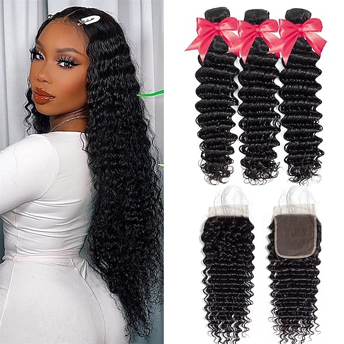 

10A Deep Wave Bundles with Closure Human Hair (14 16 1812) Wet and Wavy Human Hair Bundles with Closure 100% Brazilian Virgin Curly Hair Weave Bundles with 4x4 HD Lace Closure Free Part