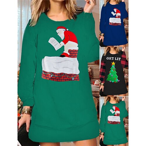 

Women's Christmas Ugly Sweatshirt Dress Shift Dress Mini Dress Green Black Blue Long Sleeve Santa Claus Print Winter Fall Autumn Fashion Daily 2022 S M L XL XXL 3XL