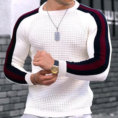 

Men's Sweater Pullover Sweater Jumper Waffle Knit Cropped Knitted Stripe Crewneck Keep Warm Causal Clothing Apparel Fall & Winter Black White M L XL