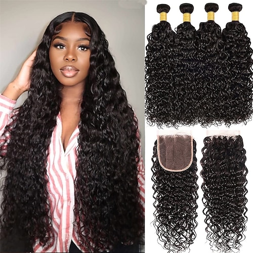 

Water Wave Bundles and Closure Human Hair (20 22 24 2618 Free Part) Wet and Wavy Bundles with 4x4 Lace Closure Virgin Human Hair Bundles with Free Part Lace Closure Hair Extensions Natural Black