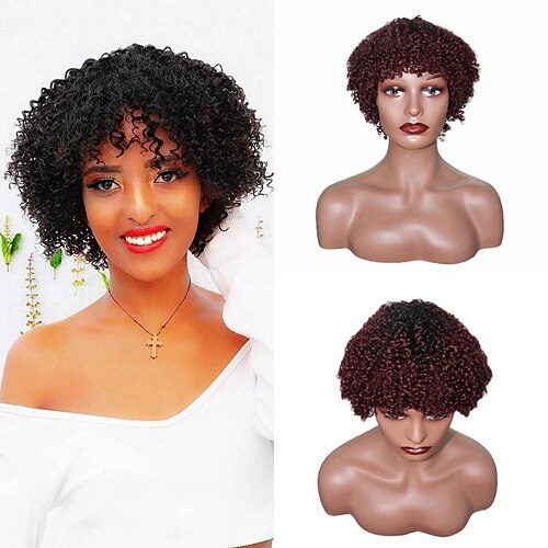 

Curly Wig With Bangs Machine Made Scalp Top Wig 120 Density Remy Brazilian Short Curly Bang Wig Human Hair
