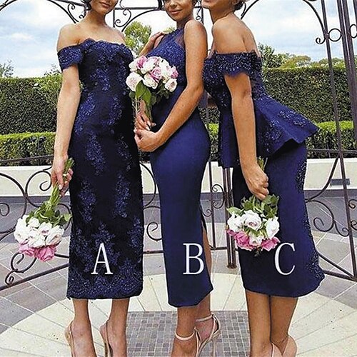 Mermaid / Trumpet Bridesmaid Dress Off Shoulder Short Sleeve Sexy Tea Length Lace / Stretch Fabric with Appliques 2022
Mermaid / Trumpet Bridesmaid Dress Off Shoulder Short Sleeve Sexy Tea Length Lace / Stretch Fabric with Appliques 2022