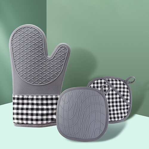 

Cotton Twill Silicone Gloves Pot Mat Set Nordic Kitchen Insulation Baking Gloves Oven Microwave Gloves