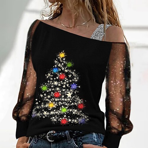Women's Blouse Shirt Black Christmas Tree Patchwork Off Shoulder Long Sleeve Christmas Streetwear Off Shoulder Regular S
Women's Blouse Shirt Black Christmas Tree Patchwork Off Shoulder Long Sleeve Christmas Streetwear Off Shoulder Regular S