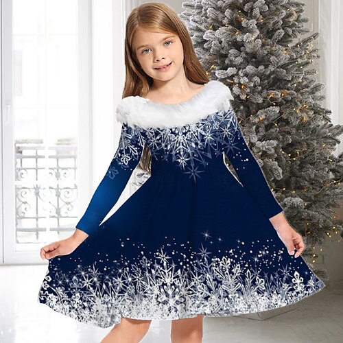

Christmas Kids Girls' Dress Snowflake Casual Dress Above Knee Dress Gifts Fur Trim Crew Neck Long Sleeve Adorable Dress 2-13 Years Winter Blue Wine