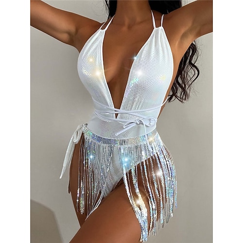 

Women's Swimwear One Piece Monokini Bathing Suits Normal Swimsuit Tassel Fringe Open Back High Waisted Pure Color White Plunge Bathing Suits Sexy Vacation Fashion