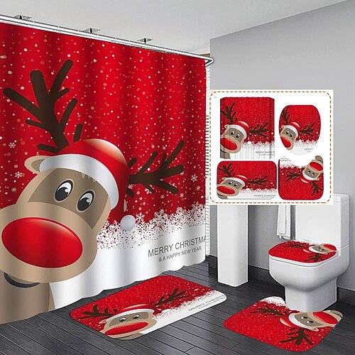 Merry Christmas Shower Curtain Sets for Bathroom, 4Pcs Xmas Shower Curtain/Non-Slip Bathroom Rugs/Lid Toilet Cover/Bath Mat, Funny Santa Claus Elk Snowman Bell Car Carpet Decor(Happy Elk) 
Merry Christmas Shower Curtain Sets for Bathroom, 4Pcs Xmas Shower Curtain/Non-Slip Bathroom Rugs/Lid Toilet Cover/Bath Mat, Funny Santa Claus Elk Snowman Bell Car Carpet Decor(Happy Elk)