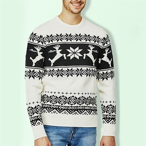 

Men's Sweater Ugly Christmas Sweater Pullover Sweater Jumper Ribbed Knit Cropped Knitted Elk Crew Neck Keep Warm Modern Contemporary Christmas Work Clothing Apparel Fall & Winter Black Dark Navy S M L