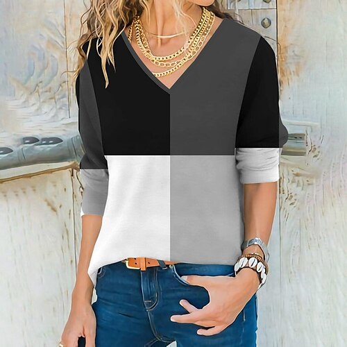 Women's T shirt Tee Black Purple Yellow Color Block Print Long Sleeve Daily Weekend Basic V Neck Regular Geometric Painting S
Women's T shirt Tee Black Purple Yellow Color Block Print Long Sleeve Daily Weekend Basic V Neck Regular Geometric Painting S