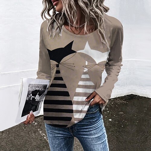 Women's T shirt Tee Khaki Gray Cat Print Long Sleeve Daily Weekend Basic Round Neck Regular Cat Painting S
Women's T shirt Tee Khaki Gray Cat Print Long Sleeve Daily Weekend Basic Round Neck Regular Cat Painting S