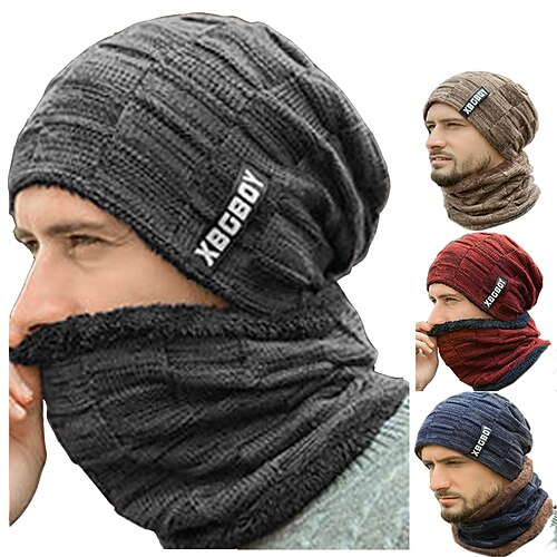 

2pcs/set Winter Beanie Hats Scarf Set Warm Knit Hat Neck Warmer with Thick Fleece Lined Winter Hat and Scarf for Men Women