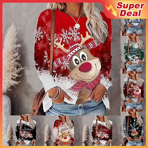 Women's T shirt Tee Green Black Blue Snowman Reindeer Print Long Sleeve Christmas Weekend Basic Round Neck Regular Painting S
Women's T shirt Tee Green Black Blue Snowman Reindeer Print Long Sleeve Christmas Weekend Basic Round Neck Regular Painting S