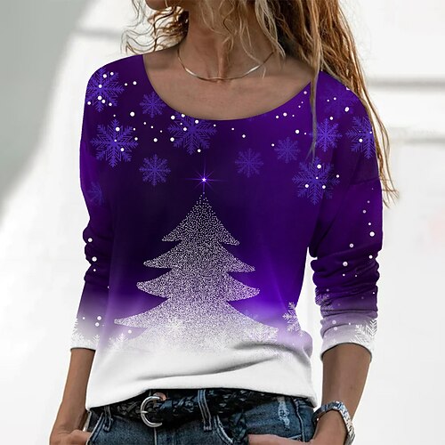 Women's T shirt Tee Green Blue Purple Christmas Tree Snowflake Print Long Sleeve Christmas Weekend Basic Round Neck Regular Painting S
Women's T shirt Tee Green Blue Purple Christmas Tree Snowflake Print Long Sleeve Christmas Weekend Basic Round Neck Regular Painting S