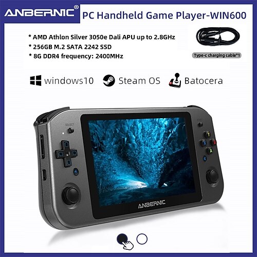 

WIN600 Video Handheld PC Game Console Win 10 Edition 8G DDR4 with 256G M.2 SSD, Support Steam OS with AMD Athlon Silver 3050e 5.94in OCA Full Lamination IPS Screen