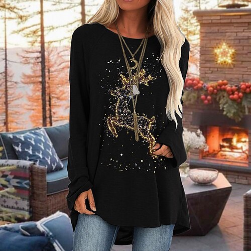 Women's T shirt Tee Black Reindeer Print Long Sleeve Christmas Weekend Basic Round Neck Long Painting S
Women's T shirt Tee Black Reindeer Print Long Sleeve Christmas Weekend Basic Round Neck Long Painting S