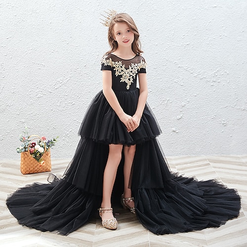 

Party Wedding Party A-Line Flower Girl Dresses Jewel Neck Asymmetrical Polyester / Cotton Blend with Appliques Ruching Elegant Cute Girls' Party Dress Fit 3-16 Years