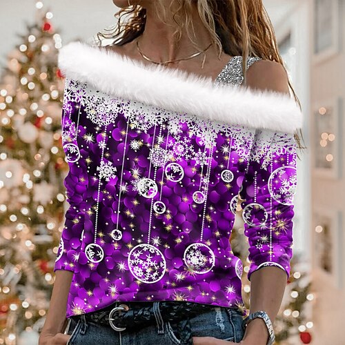 Women's Blouse Shirt Green Blue Purple Snowflake Off Shoulder Print Long Sleeve Christmas Streetwear Casual Off Shoulder Regular S
Women's Blouse Shirt Green Blue Purple Snowflake Off Shoulder Print Long Sleeve Christmas Streetwear Casual Off Shoulder Regular S