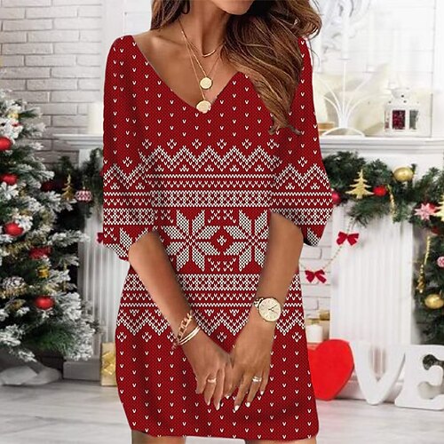 Women's Christmas Sweat Dress Short Mini Dress Red 3/4 Length Sleeve Snowflake Print Fall Winter V Neck Vacation Casual 2022 S M L XL XXL 3XL
Women's Christmas Sweat Dress Short Mini Dress Red 3/4 Length Sleeve Snowflake Print Fall Winter V Neck Vacation Casual 2022 S M L XL XXL 3XL