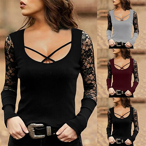 Women's T shirt Tee Patchwork Hole Solid / Plain Color Lace Sweet U Neck Regular Spring & Fall Black Red Grey
Women's T shirt Tee Patchwork Hole Solid / Plain Color Lace Sweet U Neck Regular Spring & Fall Black Red Grey