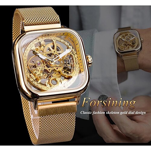 

Forsining – montre automatique dorée pour hommes, squelette carré, maille, bracelet en acier, mécanique, horloge d'affaires, relogio masculino