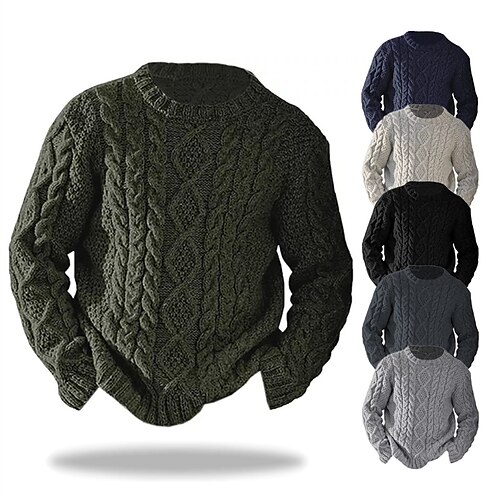 

Men's Sweater Pullover Sweater Jumper Ribbed Cable Knit Cropped Knitted Crew Neck Modern Contemporary Daily Wear Going out Clothing Apparel Fall & Winter Black Dark Navy M L XL