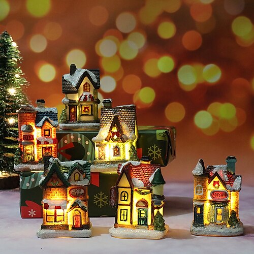

Christmas Ornament Lights Christmas Gift for Kids Village Sets Scene Figurines Decoration LED Lighted Christmas Village Houses Crafted Poly Resin Christmas House Collectable Figurine for Christmas Holiday Party Decor