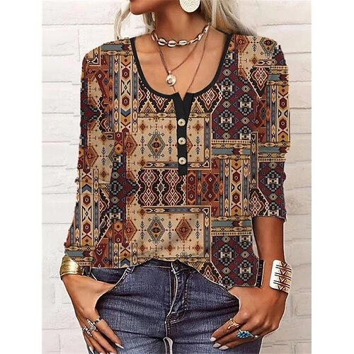 Women's Henley Shirt Khaki Geometric Print Long Sleeve Home Casual Vintage U Neck Regular Geometric S
Women's Henley Shirt Khaki Geometric Print Long Sleeve Home Casual Vintage U Neck Regular Geometric S
