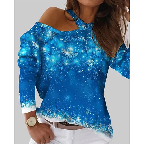 Women's T shirt Tee Green Blue Purple Snowflake Print Long Sleeve Christmas Weekend Basic One Shoulder Regular Painting S
Women's T shirt Tee Green Blue Purple Snowflake Print Long Sleeve Christmas Weekend Basic One Shoulder Regular Painting S
