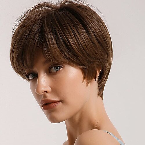 

Synthetic Wig Natural Straight Short Bob Neat Bang Wig 8 inch Dark Brown Synthetic Hair 8-9 inch Women's Cute Classic Comfy Dark Brown