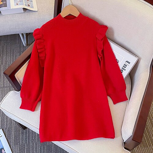 Kids Girls' Dress Solid Color Sweater Dress Knee-length Dress School Ruffle Standing Collar Long Sleeve Daily Dress 3-12 Years Winter Red
Kids Girls' Dress Solid Color Sweater Dress Knee-length Dress School Ruffle Standing Collar Long Sleeve Daily Dress 3-12 Years Winter Red