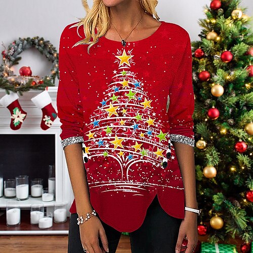 Women's T shirt Tee Red Christmas Tree Print Long Sleeve Christmas Weekend Basic Christmas Round Neck Regular Painting S
Women's T shirt Tee Red Christmas Tree Print Long Sleeve Christmas Weekend Basic Christmas Round Neck Regular Painting S