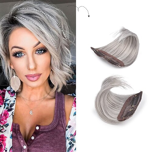 

2 pack 4 inch Short Thick Hairpieces Adding Extra Hair Volume Clip in Hair Extensions Hair Topper for Thinning Hair Women Color Grey/Brown/Silver/White Mixed